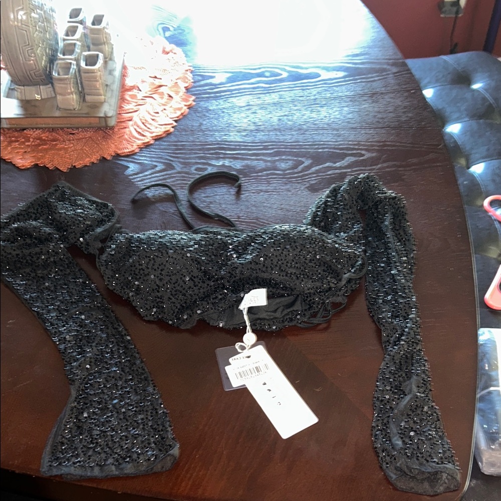 Oh Polly Black Sequin Crop Top